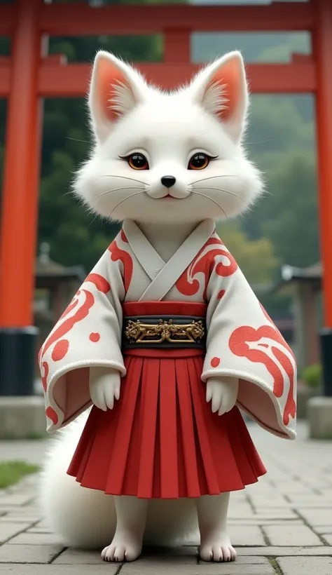 Real white foxes 　 cute　 standing alone on two legs facing the front in a shrine maiden costume　Background Torii 