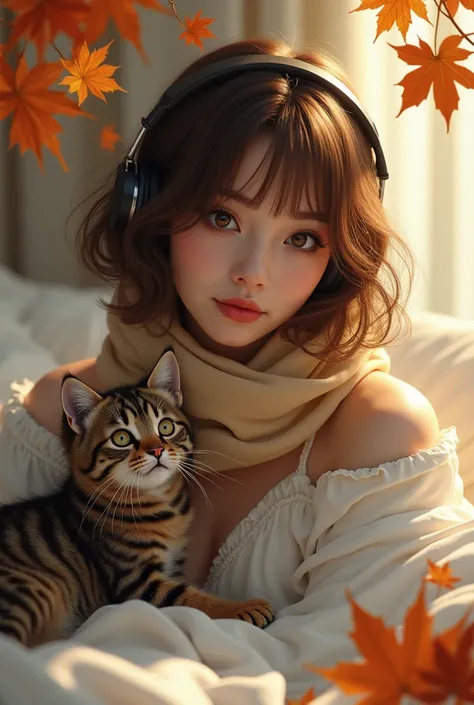  An empty template for filling games ,  autumn leaves along the edges as a decoration ,  The upper part has a Superstylish brown-haired woman, on white sheet , bob hairstyle,  Hyperrealism,Autumn Girl,  spectacular smile ,Fashion, hyper-detail, huge brown ...