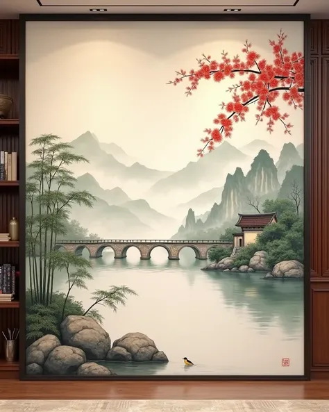 Front View. A huge wall painting pattern full of traditional Chinese style, the overall landscape painting is very light and minimalist, hazy feeling, hidden and hidden. At the top of the picture is a distant view of rolling hills, which are rendered in in...