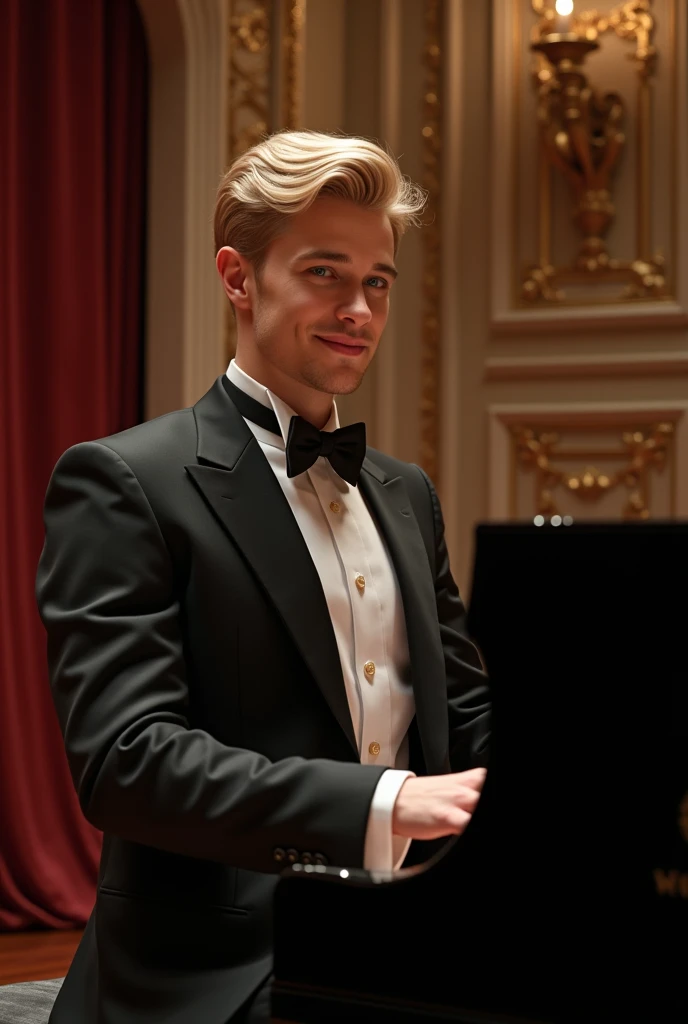  Young man from Sweden, short white blond hair, green blue eyes, 185cm tall, 80kg heavy , Smiling,  plays grand piano, wearing a tuxedo