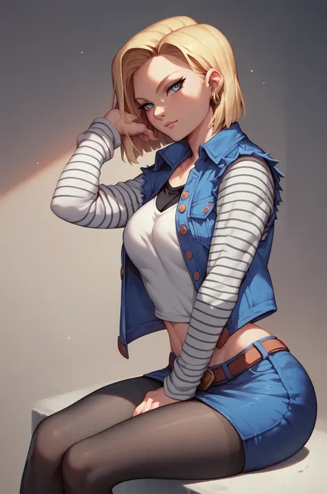 Android 18 wearing a short skirt with black tights and sitting and doing HIPS TILT BACK 