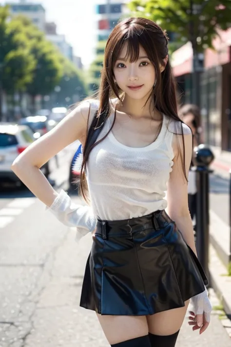 realistic photo quality 、a japanese model is standing wearing white clothes and a black skirt and wearing gloves,  black skirt、 ...