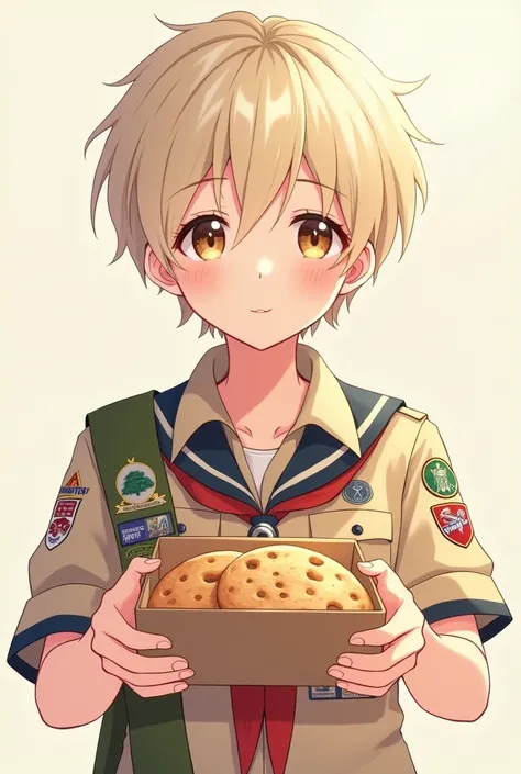 Anime guy with ashy blonde hair, brown eyes, and a boy scouts uniform. He has feminine + gentle features and is holding a box of cookies.