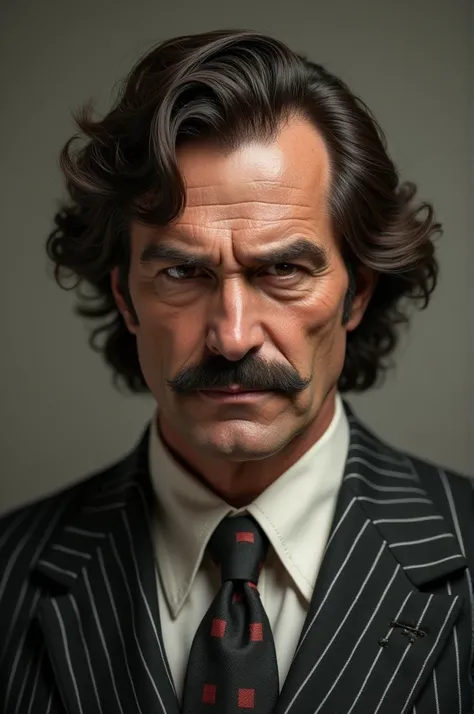 Italian, he is a mobster from the 1970s, he has wavy brown hair and dark brown eyes, he wears a mustache. This dress with a 1970s pinstripe suit