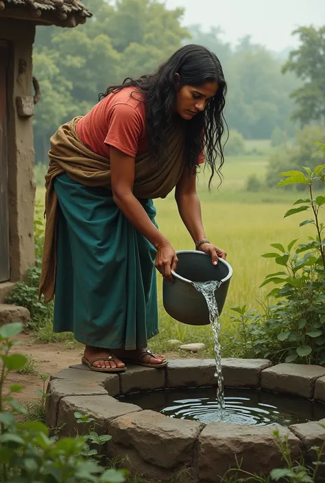 Anu dips water in the bucket from the well and pours it into the bucket