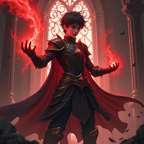 Young Gothic paladin casting a Ray of Red Energy realistic gothic anime 