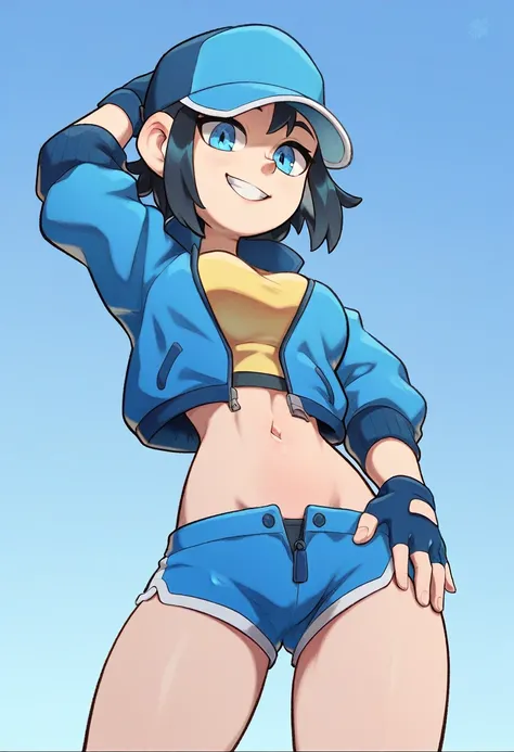 score_9, score_8_up, score_7_up, source_anime, best quality, clear face,fast skinny girl,black hair, blue eyes, medium hair, large breasts, perfect body, standing, slight smile, open yellow shirt underneath blue mini jacket,blue mini shorts, indoor, pose,c...