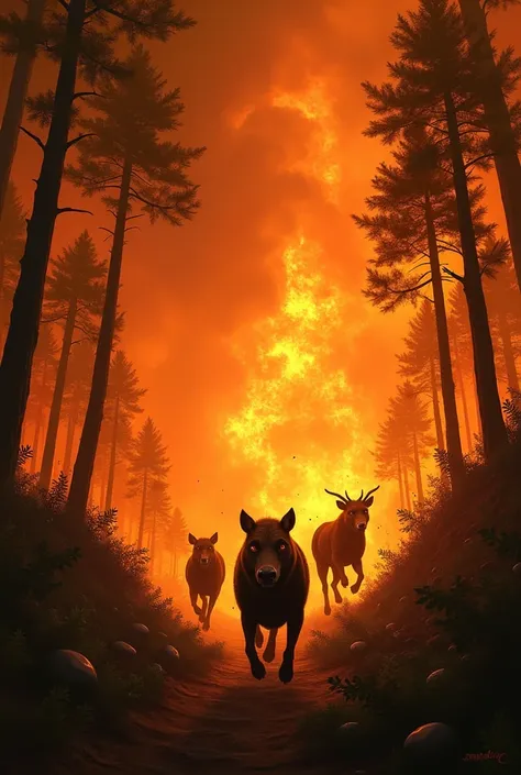 a forest fire raging with smoke and flanes , animals flee