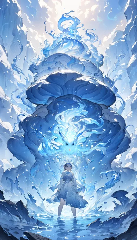 best quality, masterpiece, ultra-detailed, ( A water spirit with the appearance of a mature 28-year-old woman stands against a cute and cute background), The body of this water spirit is made of water , Bright expression, The Water Spirit is a YouTuber . (...