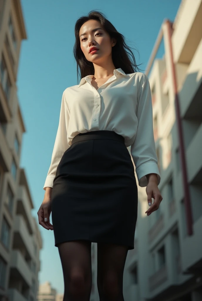 A striking East Asian woman towers above the camera in a confident, dynamic pose. captured from an ultra-low perspective. pencil skirt, white blouse, black stockings, soft lighting, photorealistic, ultra-sharp image, 4k, best quality