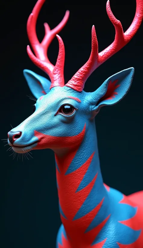 Imagine an anthropomorphic deer ,  with a bold zigzag pattern on its fur ,  inspired by David Bowies iconic look of Aladdin Sane,  with bright red and blue reflections .  The deers eyes have a mesmerizing look , and me