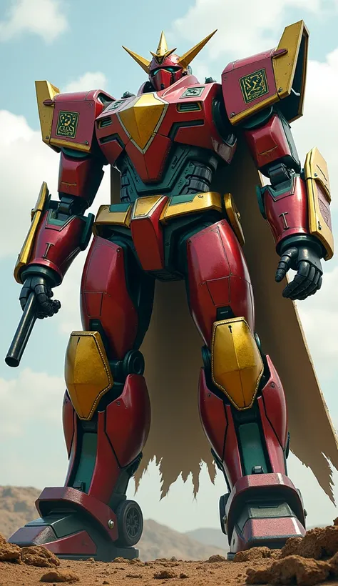 A giant combat robot painted in shiny red, yellow, green, and black, with a golden star emblazoned on its chest. Its arms are fitted with massive energy cannons, and its rugged cape, tattered at the edges, displays stylized Adinkra symbols.