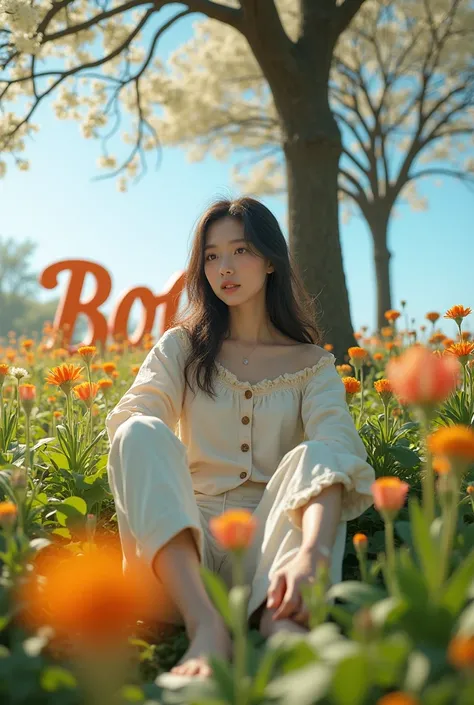 

Ini buat nya di gencraft, beda ai pasti beda hasil.

Low angle view of young Korean womans full body casual wear #OOTD. sitting on the grass under the flower tree. behind the woman is colorful text that says "BOGOR"which blends with nature, the large tex...