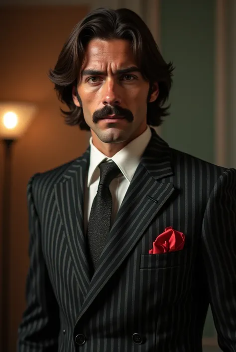 A 28-year-old Italian, he is a mobster from the 1970s, has wavy brown hair and dark brown eyes, and wears a mustache. This dress with a 1970s pinstripe suit