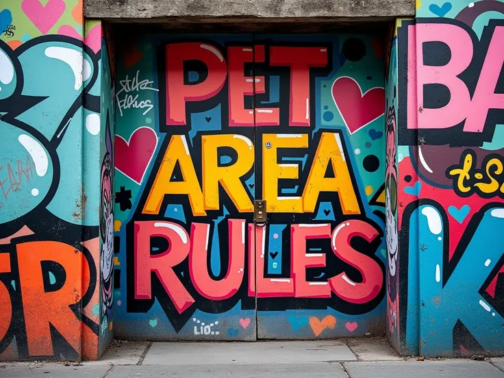  a wall stylized with graffiti with written contractor colors "Pet Area Rules "  on top 