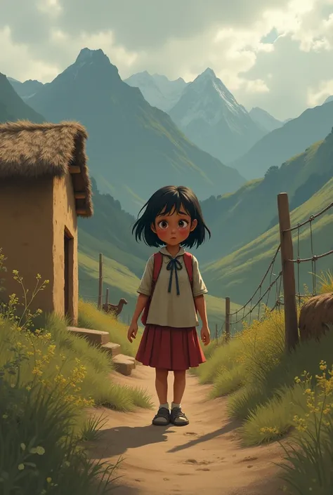  I want an animated image for elementary school ren according to this story : GIRL RETURNS SAD AND CRYING TO HER HOUSE IN THE PERUVIAN HIGHLANDS 
