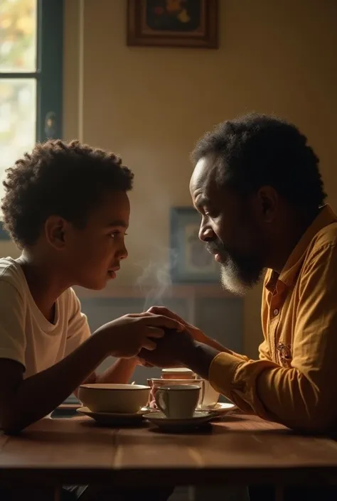 Assise entre un père africain et son fils autour d‘une table et le père arrête les demain de son fils pour lui donner des conseils 