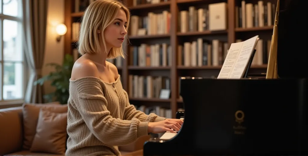 nexia is playing a grand piano in a cozy, warmly lit room filled with books. she wears a neutral oversized off-shoulder sweater....