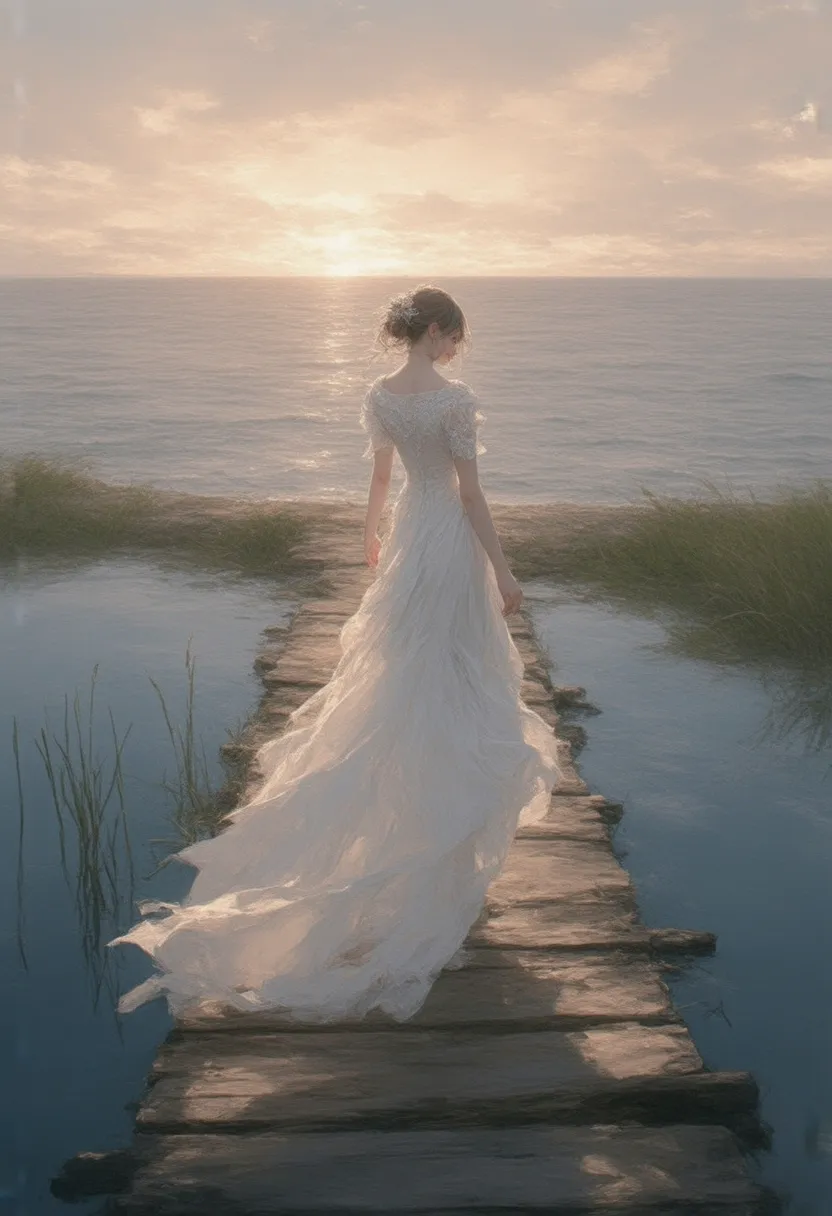 beautiful girl in wedding dress walking on a wooden path above the water in the pond which runs into an ocean meeting beautiful ...