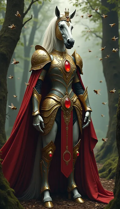 An anthropomorphiz horse in royal attire, wearing ornate armor with golden details and a crown studded with red stones. She is standing in a shadowy forest environment, with bees flying around her. There is a red cloak with gold details over his shoulders