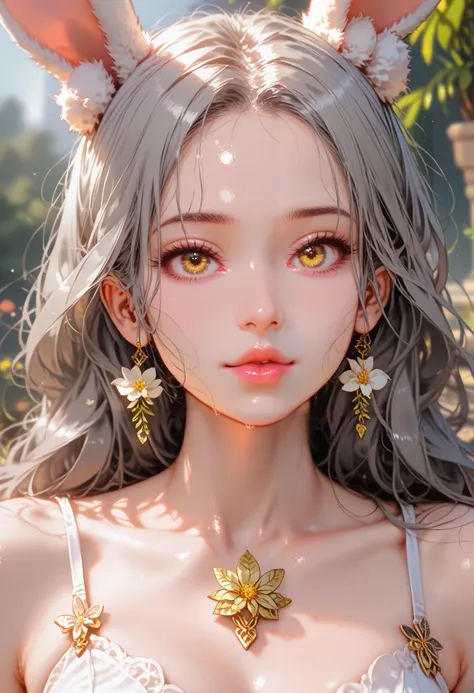 detail, Realism, 4K,  girl, Detailed faces, Big yellow eyes, Plump lips, upturned nose, gray hair with pink streaks, in a white dress, with a rabbit in his hands, Flowers in the background, White butterflies in the foreground, Realistic shooting, depth of ...