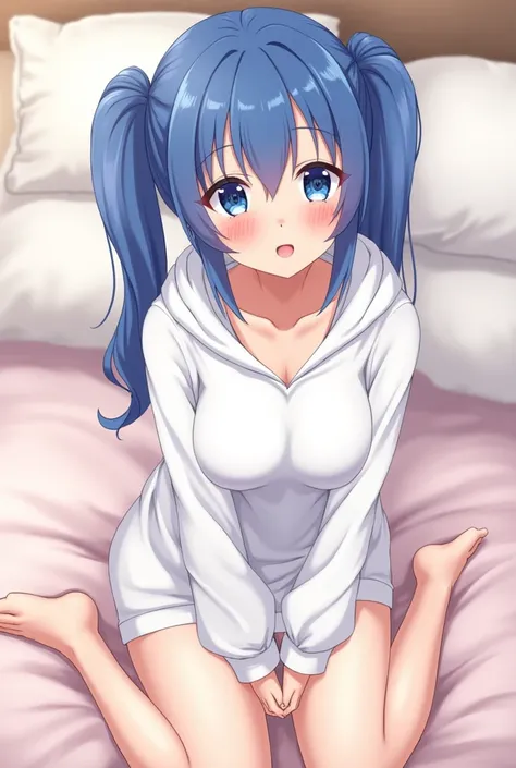   one girl 、White hoodie、 blue hair 、 twin tails、Audience goals、anime、 pretty girl、 blush、Place both hands between your legs、 bed、Showing off her breasts、Nipples