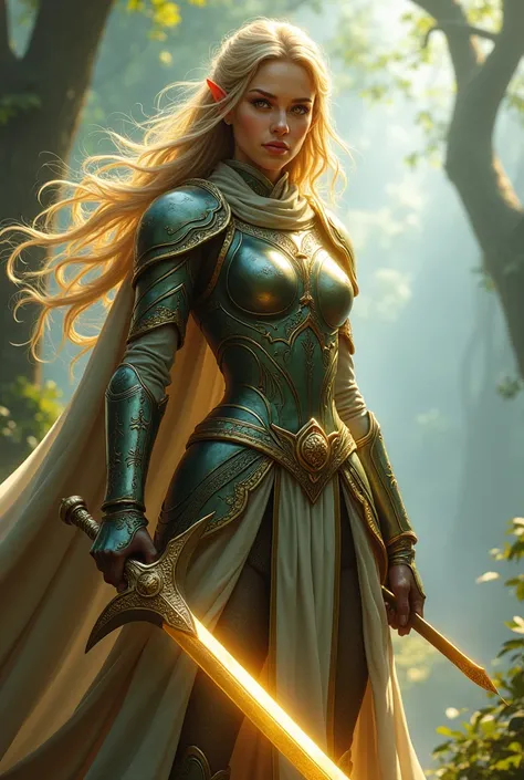 A blonde female elf , warrior champion who fights with a shield and a shiny golden long sword