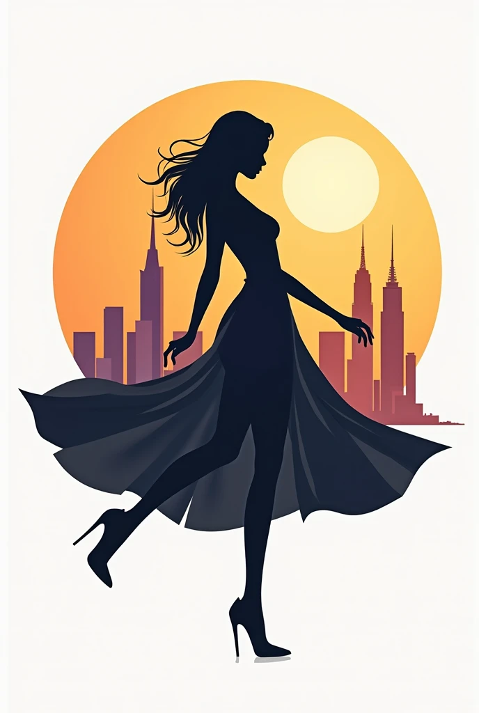 A logo for TwoSolez with a Women silhouette. The silhouette is wearing a heels dancing. The background is a city with modern architecture. logo is of women footwear brand 