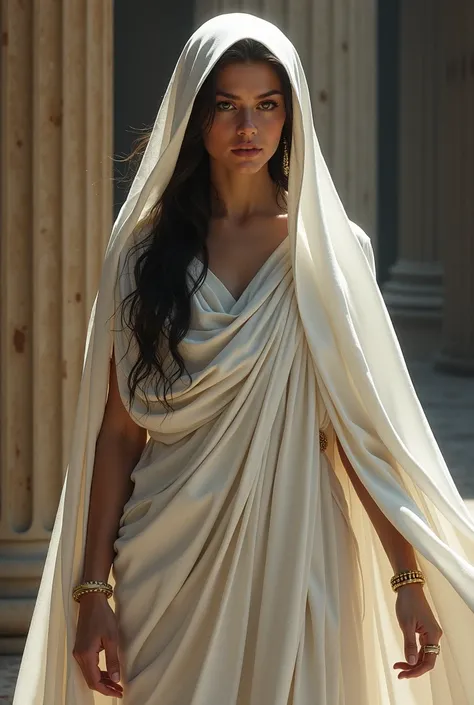 Vestal priestess 30 years old in ancient Rome with long dark hair, dark eyes and a long white tunic with veil with a hard and penetrating gaze 