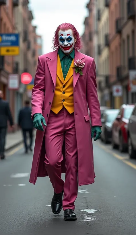 Create A Mongolian Joker Man Standing In Magnolia Street , Magnolia Flag Colours On Face , Magnolia Detailed Full Body Tattoos , Pink Hairs, Walking Straight, Highly Detailed Magnolia Joker, Wearing Magnolia A Deel Dress With Everything Matching With Magno...