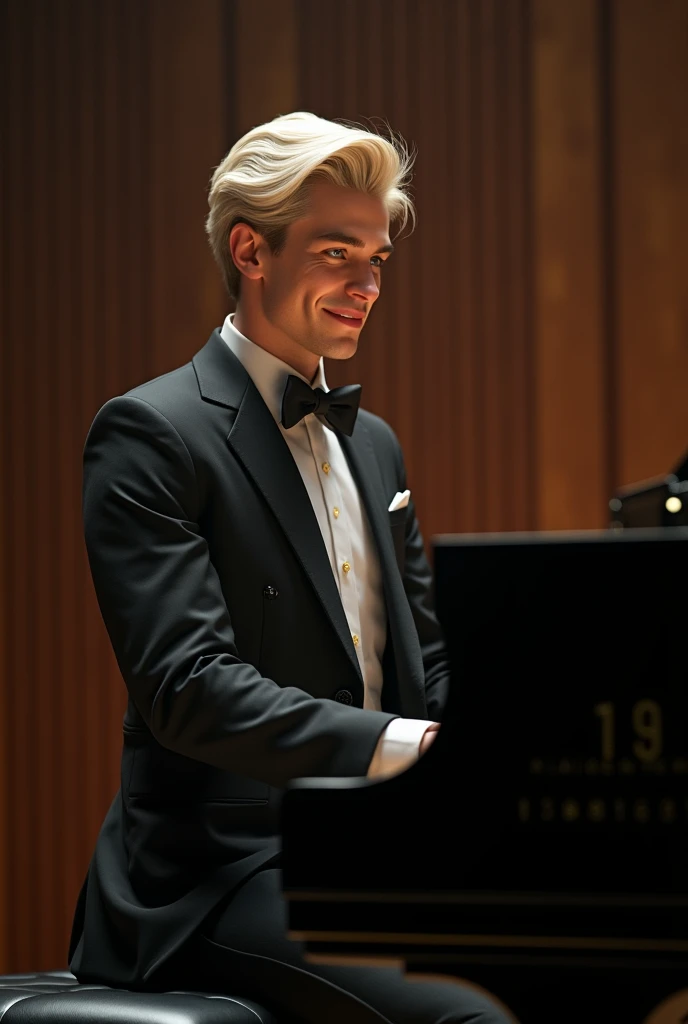  Young man from Sweden, short white blond hair, green blue eyes, 185cm tall, 80kg heavy , Smiling,  plays grand piano, wearing a tuxedo, 25 years old