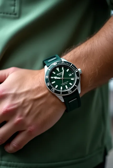 generate a hand wearing casio MTP-1302PD-3AV  green, the purpose for the picture is to be the best for a buyer