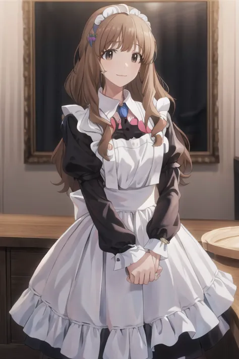 masterpiece,  best quality,  high definition ,  the idolmaster,  single hair bang, maid headdress,  side lock,smile, frills, bro...