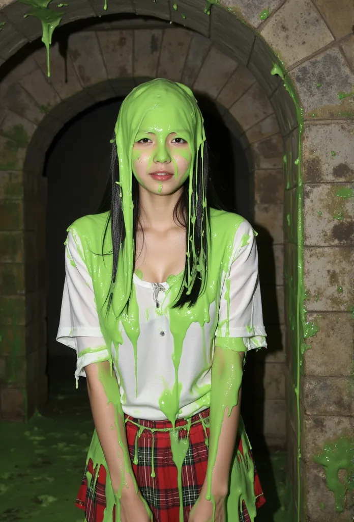 film photograph of beautiful 21-year-old chinese girl covered in dripping green slime. white blouse. short red plaid skirt. scho...