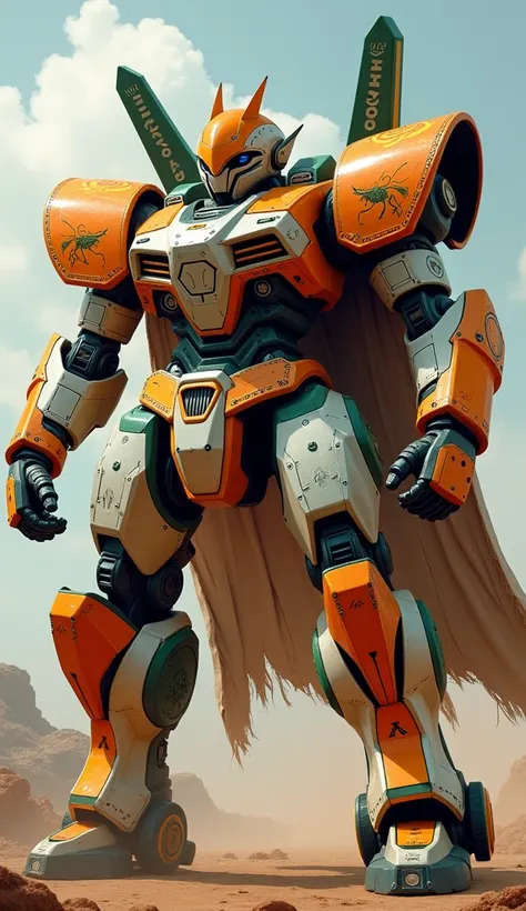 A robust combat robot with gleaming orange, white, and green metallic plating. Its shoulders are broad, with sharp blade-like extensions, and it carries an electrified hammer. Its cape, torn at the edges, shows faint tribal patterns and elephant-inspired m...