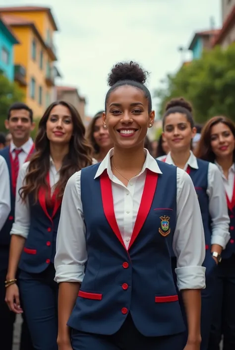 I would like a photo of education teachers wearing uniform vests in Brazil. The vests may have some details or colors that refer to hood.