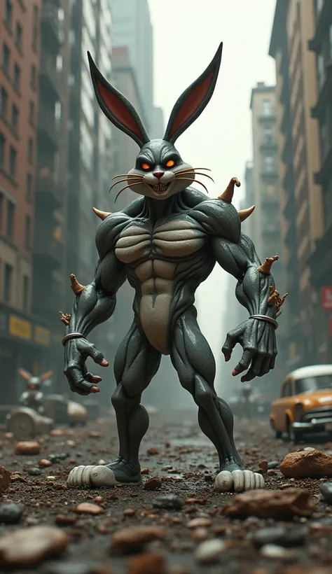  In an apocalyptic setting in the middle of New York City, um personagem Bugs Bunny da looney tunes, Its strong ,  defined muscles,  but with characteristics of a zombie ,  in an infested place .  