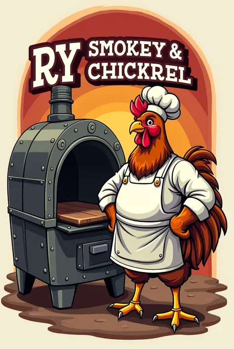 Logo with a name of "RY smokey barrel chicken"
Chicken is chef beside the metal chicken oven with a color of red,yellow and white 