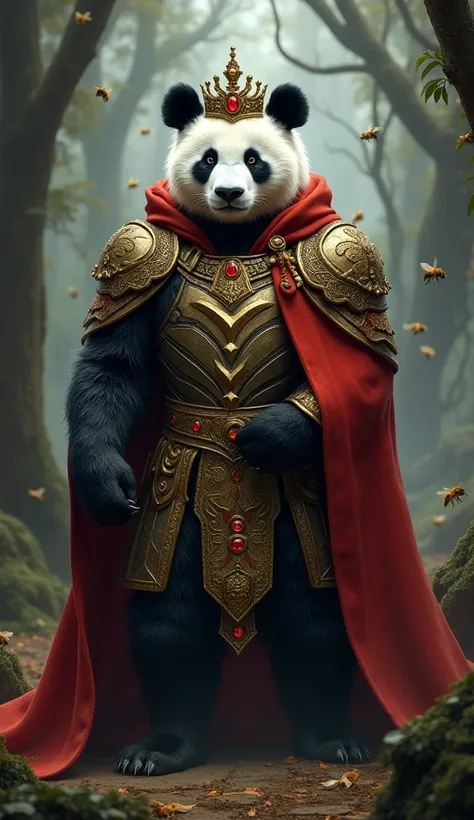 An anthropomorphiz panda in royal attire, wearing ornate armor with golden details and a crown studded with red stones. She is standing in a shadowy forest environment, with bees flying around her. There is a red cloak with gold details over his shoulders