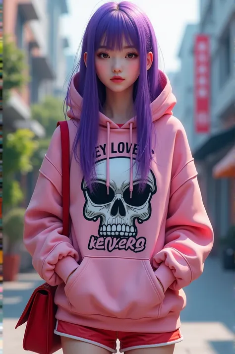 A korea woman, long purple hair with bangs, hoddie written "KEY LOVERS" . wearing a fendora hoodie with a skull design and light red and pink short, carrying a red shoulder bag. The background features an urban street with some greenery and blurred buildin...