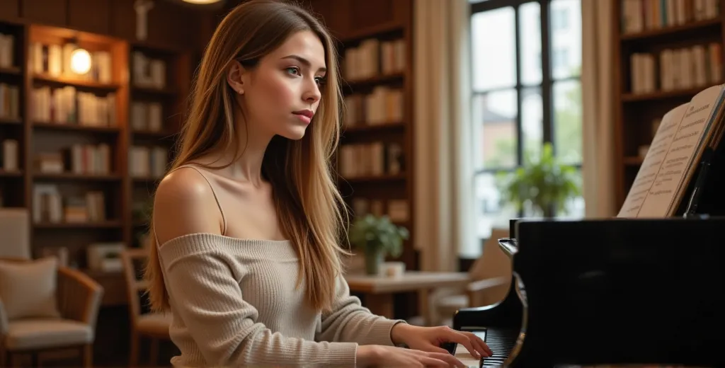 nexia is playing a grand piano in a cozy, warmly lit room filled with books. she has long brown hairs. she wears a neutral overs...