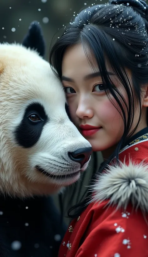     close up of a big panda bear with , realistic skin and    ,     a beautiful black-haired woman wearing national costume printed in bright red,    made of hooded deer skins    ,   they look at the camera and smile    ,detailed specification лица с морщи...