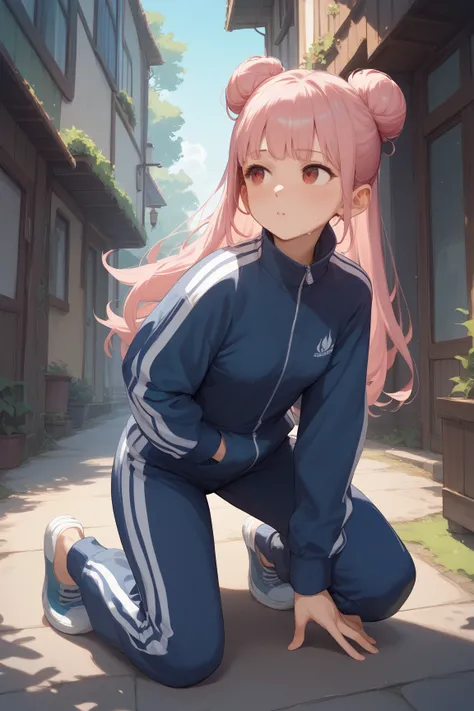 masterpiece, best quality, detailed、 one girl、Light pink hair 、Bun hair left and right、 half twin、 long hair、 princess cut、 Red Eyes、 small breasts、Full body drawing、Tracksuit top and bottom、 is sweating、Running on the ground