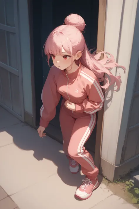 masterpiece, best quality, detailed、 one girl、Light pink hair 、Bun hair left and right、 half twin、 long hair、 princess cut、 Red Eyes、 small breasts、Full body drawing、Tracksuit top and bottom、 is sweating、Running on the ground