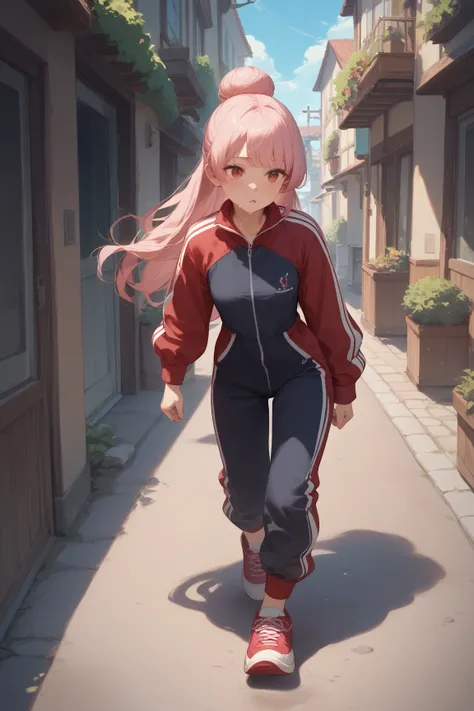 masterpiece, best quality, detailed、 one girl、Light pink hair 、Bun hair left and right、 half twin、 long hair、 princess cut、 Red Eyes、 small breasts、Full body drawing、Tracksuit top and bottom、 is sweating、Running on the ground