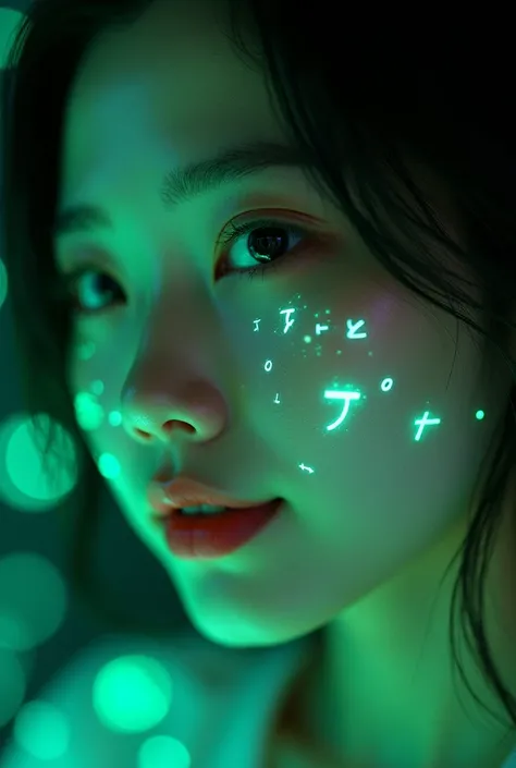 Close-up of oriental female face，Presumably, Glowing green holographic equation projected onto skin. Strong gaze, Realistic features. Dark background, Cyberpunk aesthetics. Glowing math formulas, Handwriting style. Futuristic, High-tech atmosphere. Photore...