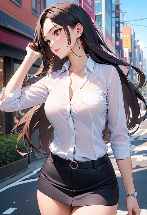  best quality,  amazing,delicate,  super detailed, beautiful, 8k ,  1 girl, Black Long Hair,Business shirts,  earrings for a woman alone, Outdoor,  bright 、Married Woman,sunlight、Clear skies、Buildings in Tokyo、bewitching、coquettish、Tempting sensuality,ring...