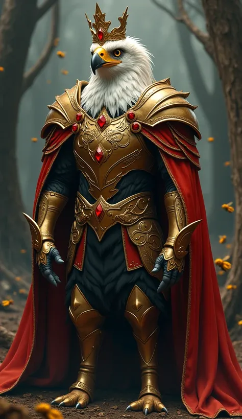 An anthropomorphiz eagle in royal attire, wearing ornate armor with golden details and a crown studded with red stones. She is standing in a shadowy forest environment, with bees flying around her. There is a red cloak with gold details over his shoulders