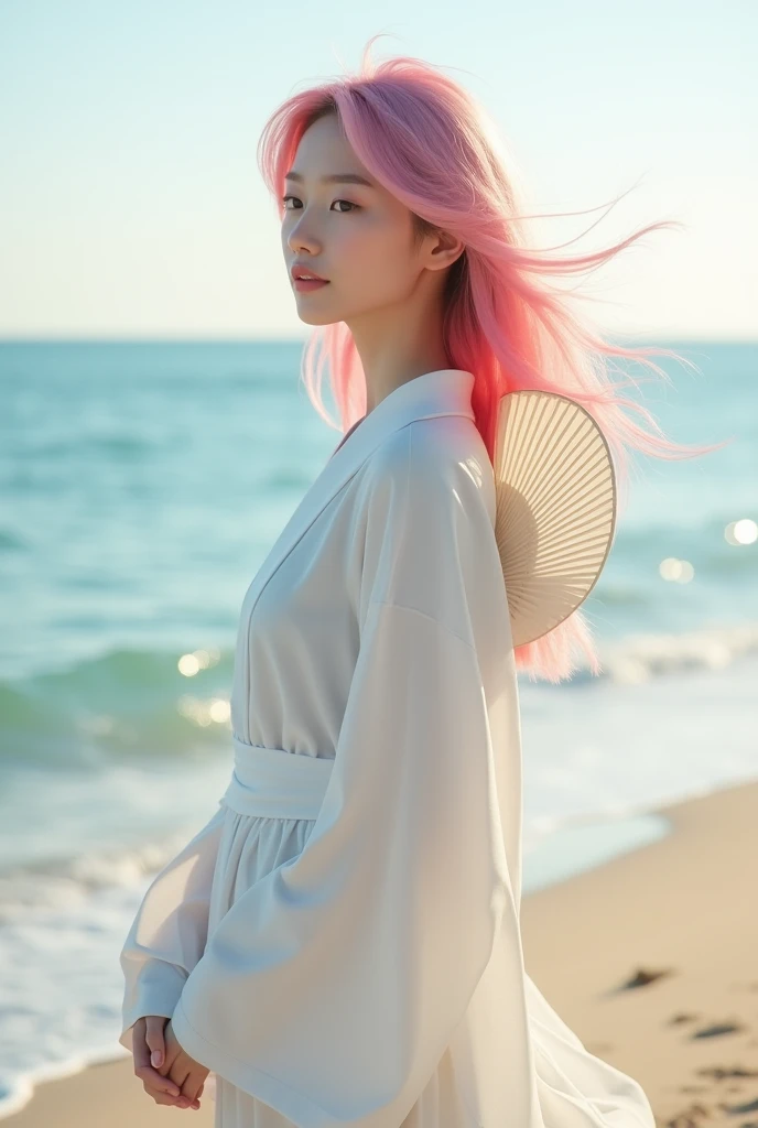 A Japanese woman, about , with pink hair, in a white long-sleeved shirt, has a white chiba on her back, standing directly on the beach.