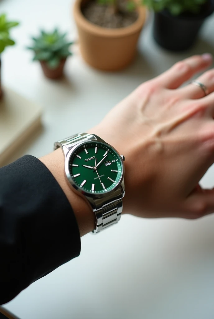 generate a hand wearing casio MTP-1302PD-3AV  green, the purpose for the picture is to be the best for a buyer. the bransolet is silver. Make a picture like the person who wears the watch did it. pov picture. at the background it should be a white table li...